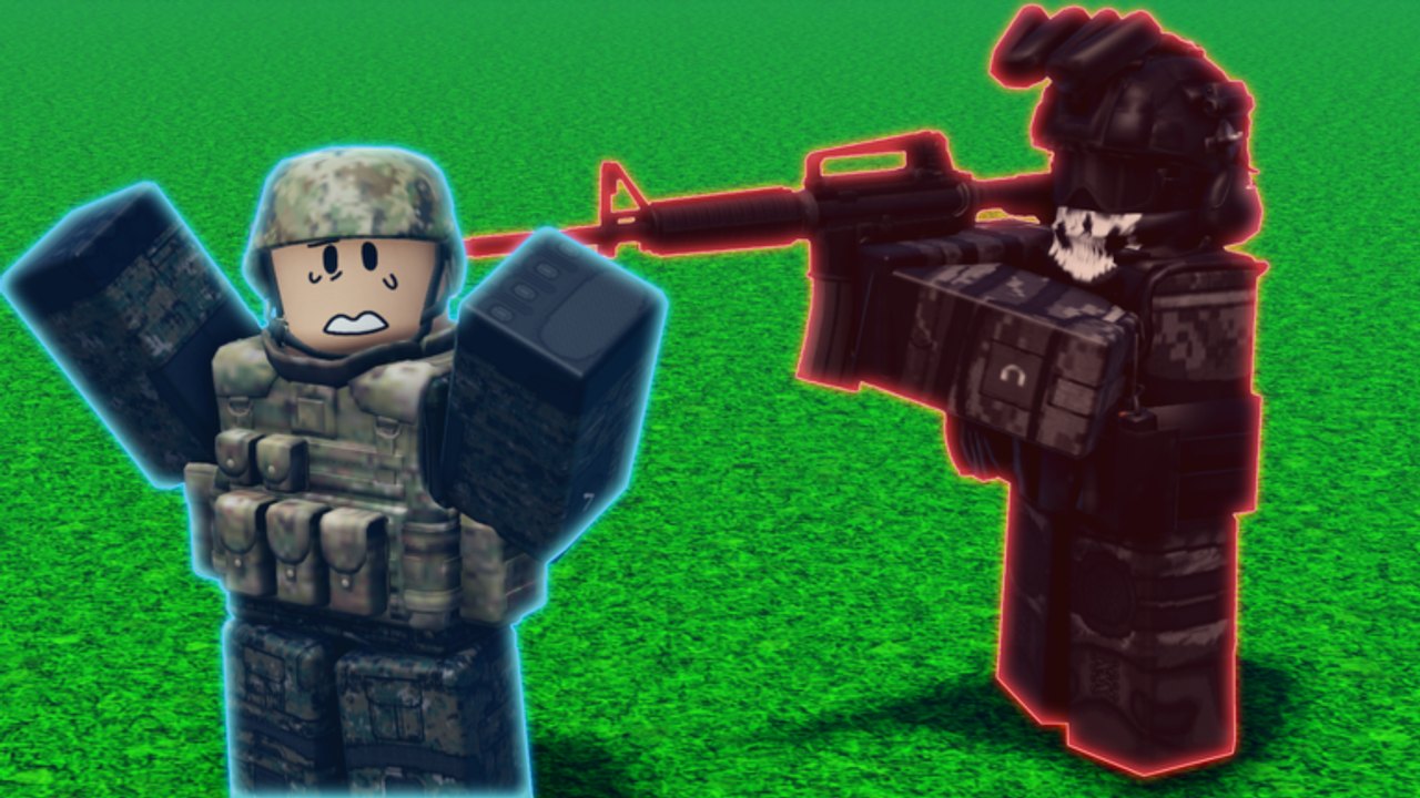 Camouflage soldier facing a black-ops rifleman with a red laser in Military Army Tycoon