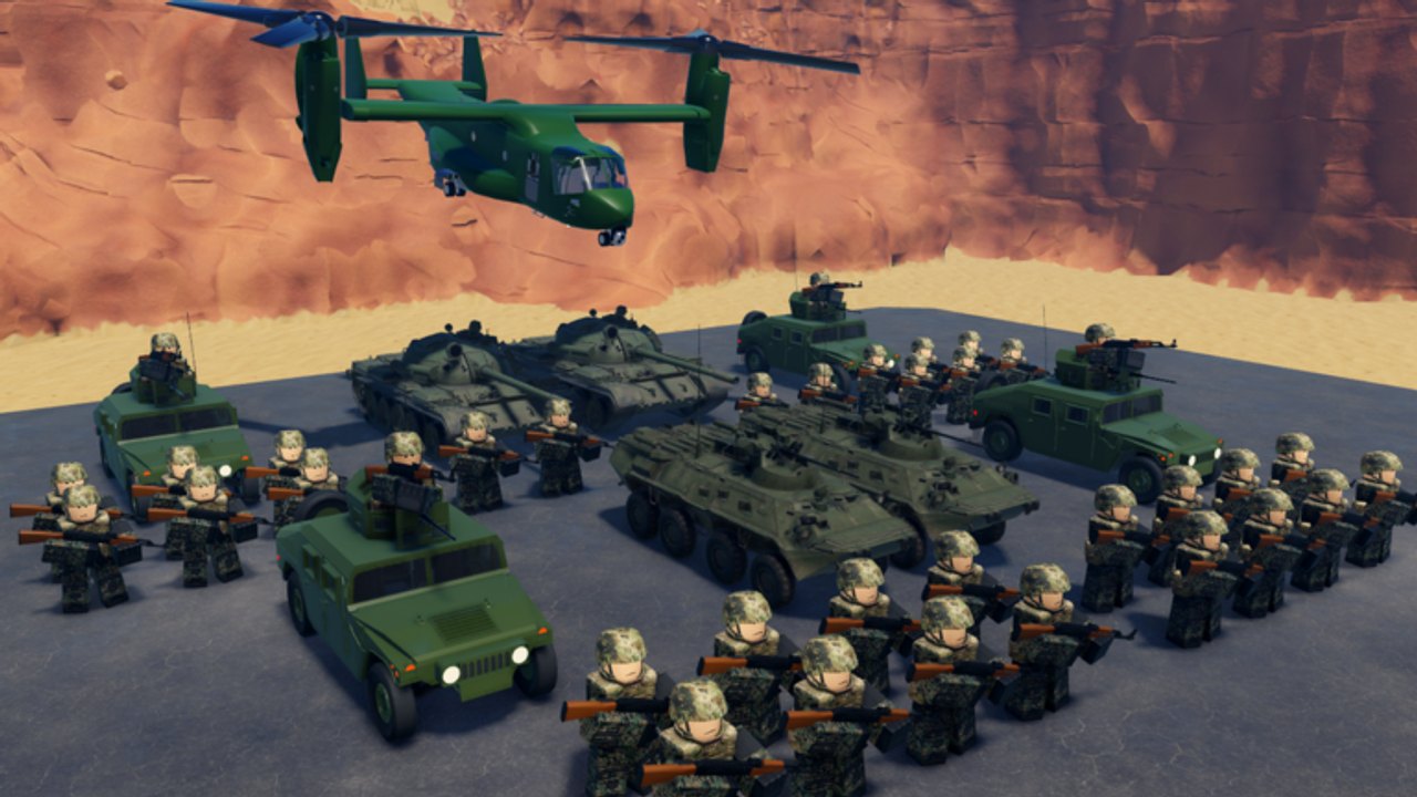 Infantry, Humvees, tanks, APCs, and a green tiltrotor lined up in a desert canyon